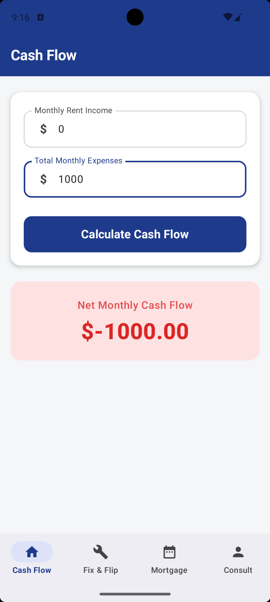 Cash flow screen with negative monthly result