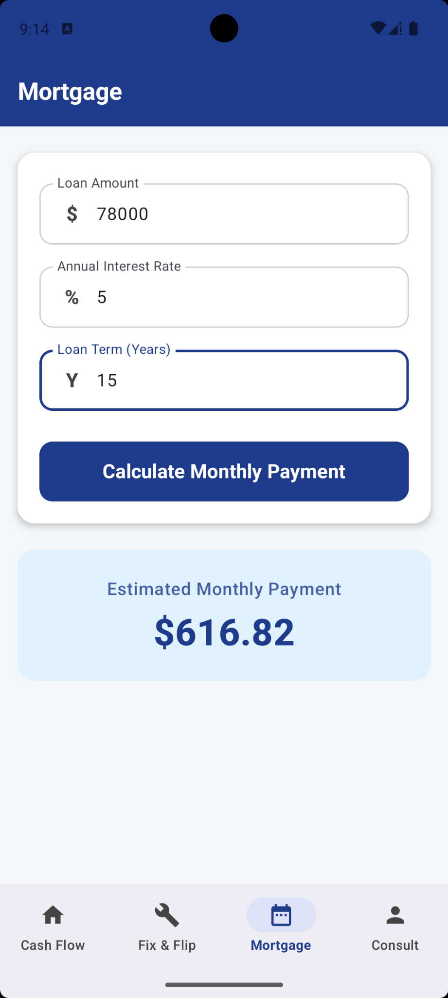 Mortgage calculator screen showing monthly payment estimate
